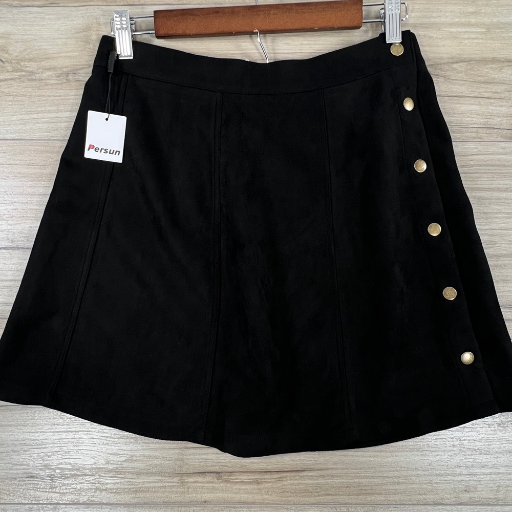 Persun Womens Black Faux Suede A-Line Mini Skirt Side Button Detail NWT